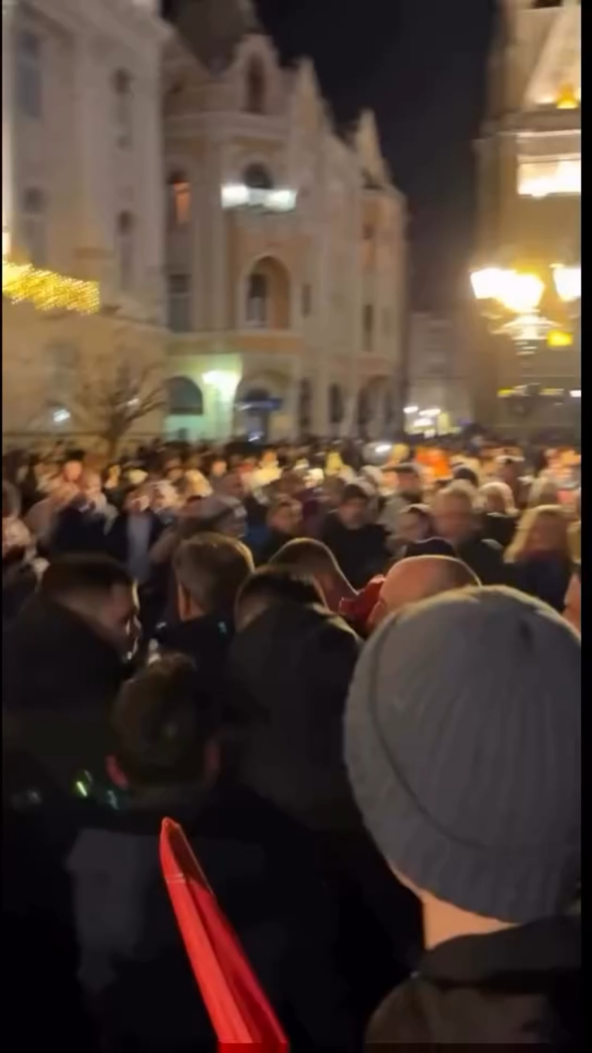 People remove a person with an Albanian flag at a rally in NS