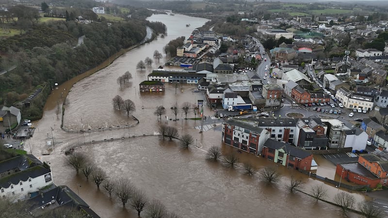 The River Slaney bursts its banks in Enniscorthy, Co Wexford. Photograph: Niall Carson/PA Wire