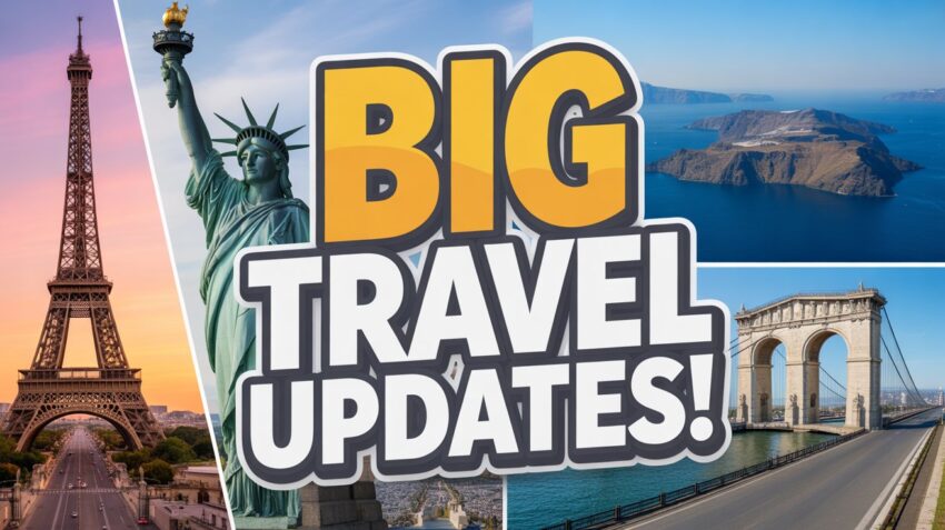 Create a dynamic composite image featuring world-renowned landmarks like the eiffel tower, statue of liberty, and the greek islands. Use bold, bright text that says “big travel updates! ” in an impactful, eye-catching design.