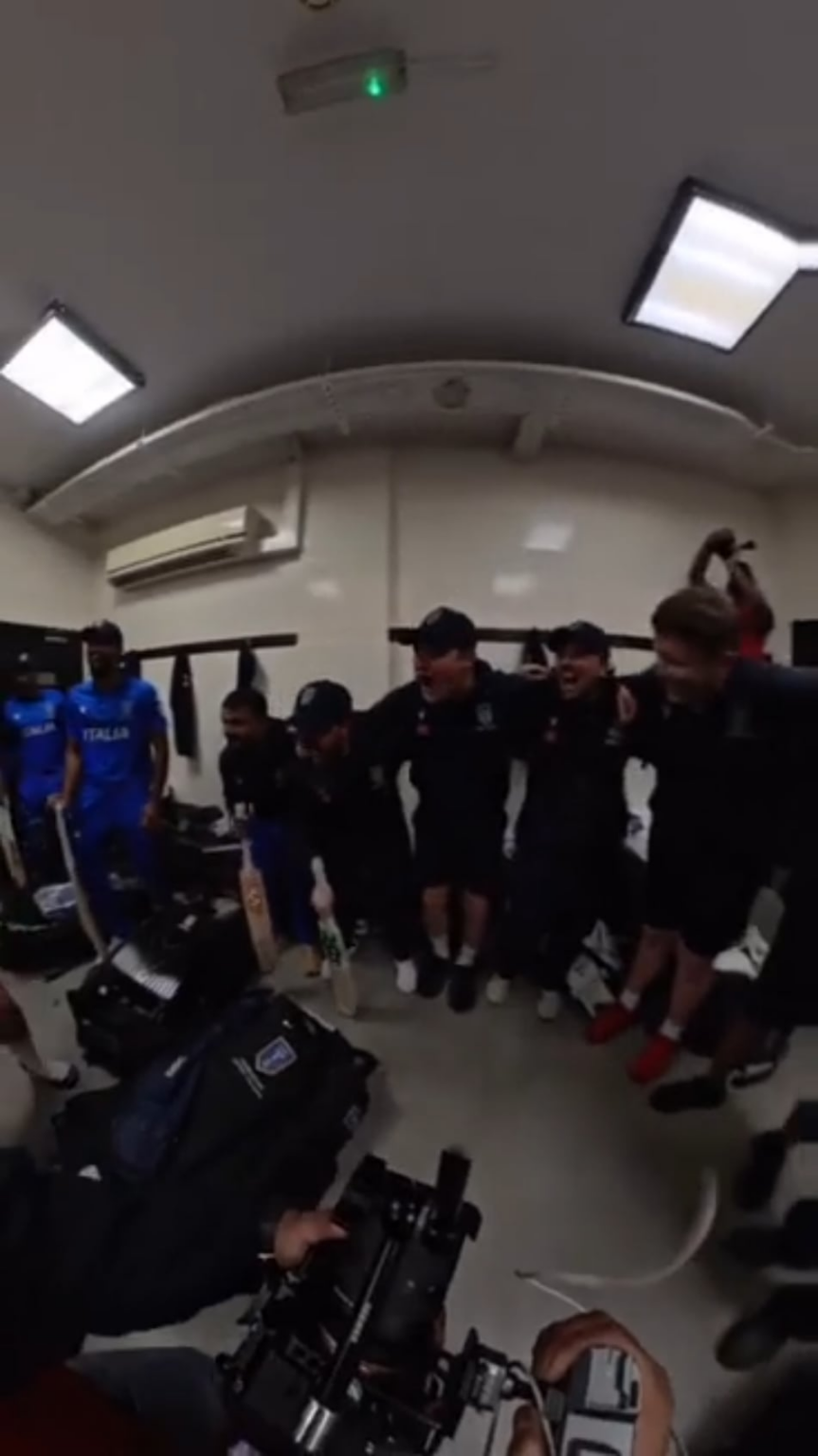The Italian cricket team celebrates after winning their first match against a Full Member (Ireland)