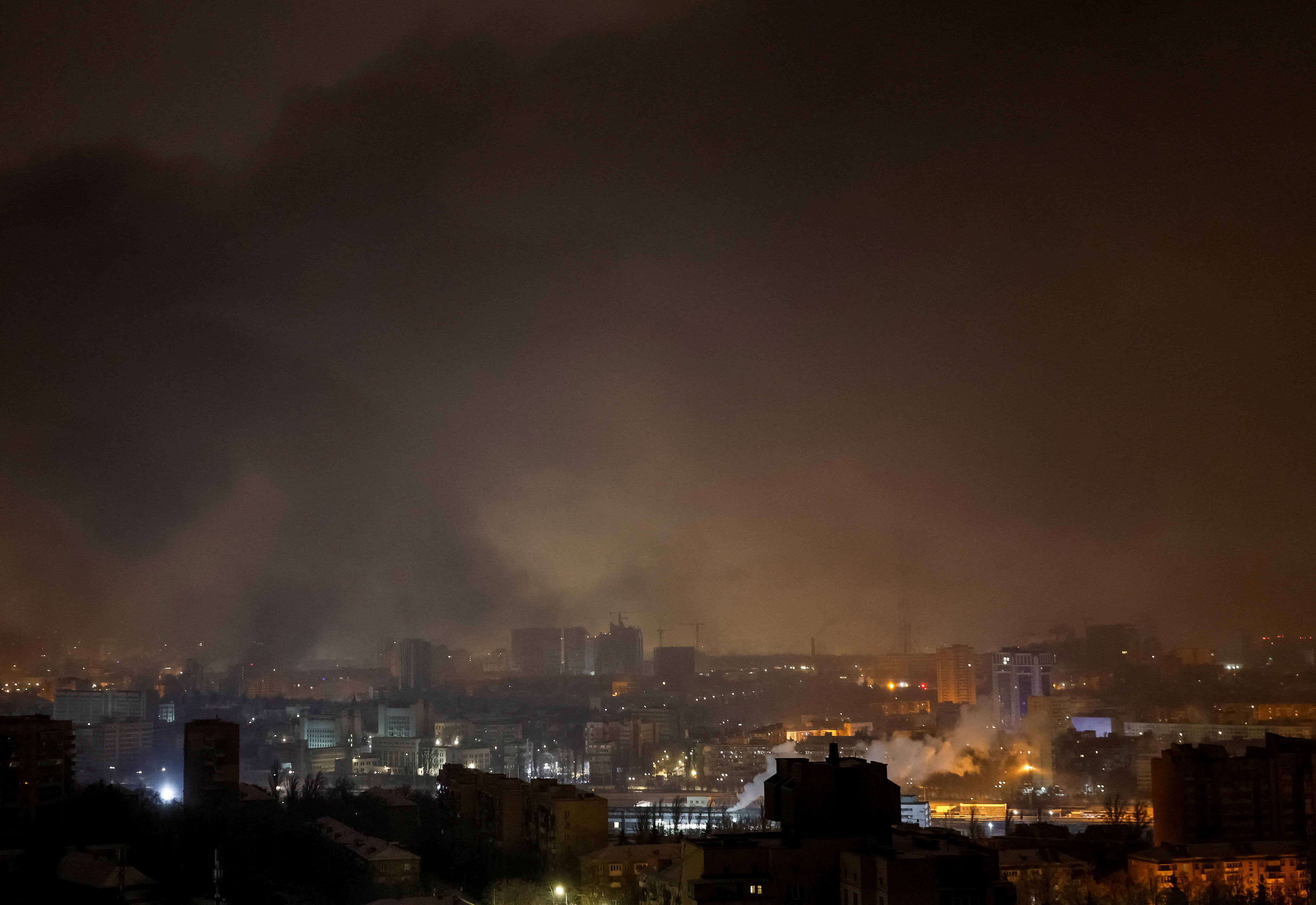 Smoke rises in the city after Russian drone strikes in Kyiv