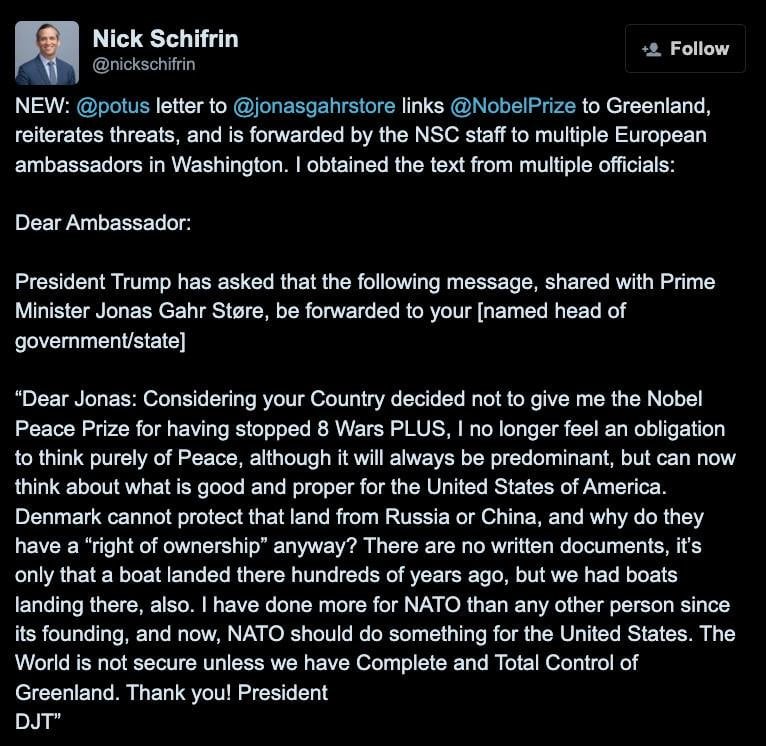 Trump letter to prime minister of Norway. Desires Greenland because of Peace Prize rejection