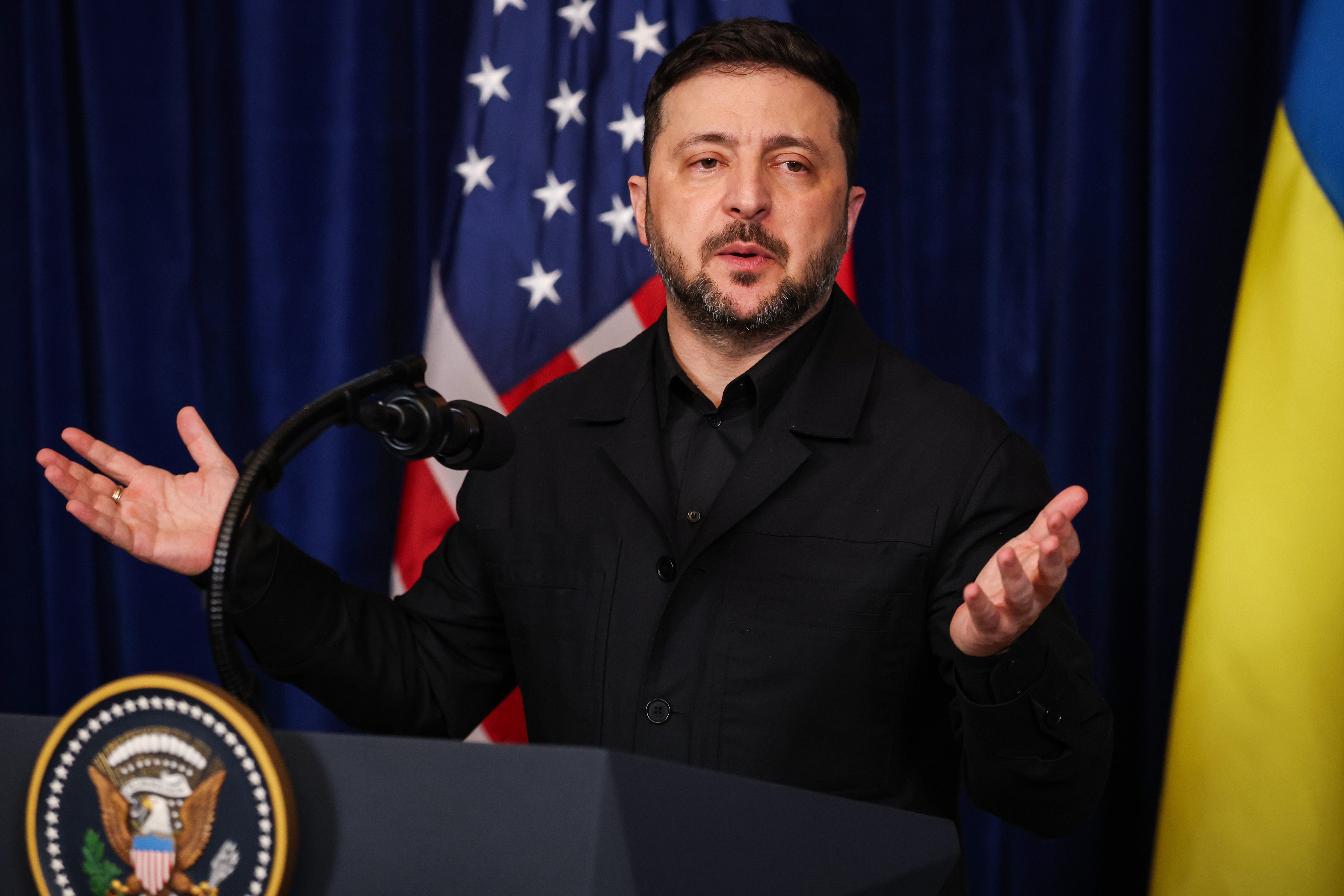 Ukrainian president Volodymyr Zelensky speaks during a news conference