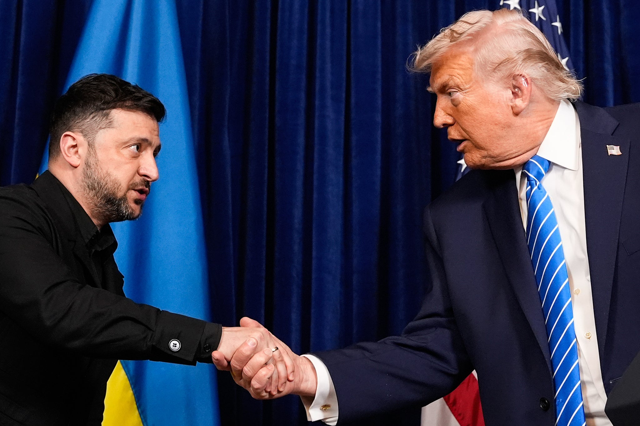 Volodymyr Zelensky and Donald Trump during a joint press conference at Mar-a-Lago on Sunday
