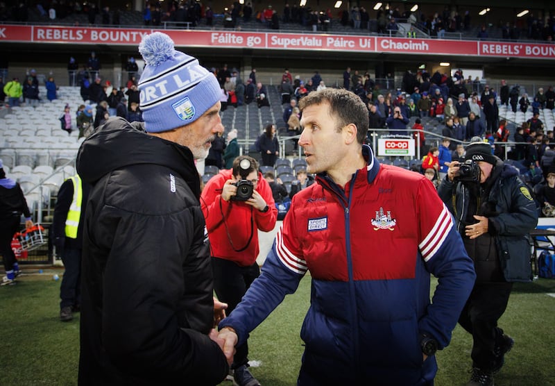 Waterford hurling manager Peter Queally (left) shakes hands with Cork counterpart Ben O'Connor after Sunday's National League match at Páirc Uí Chaoimh. Photograph: Tom Maher/Inpho