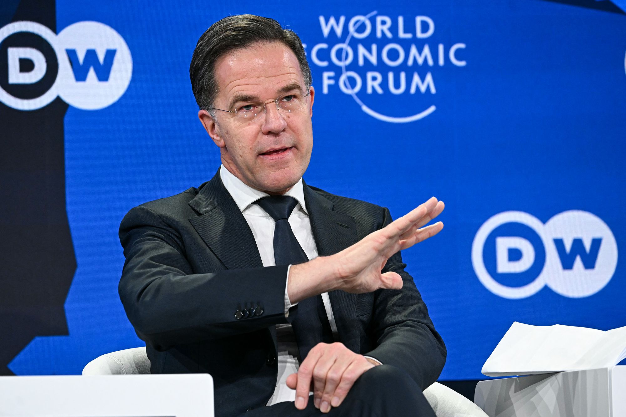 Nato secretary general Mark Rutte gestures as he speaks during the World Economic Forum (WEF) annual meeting in Davos