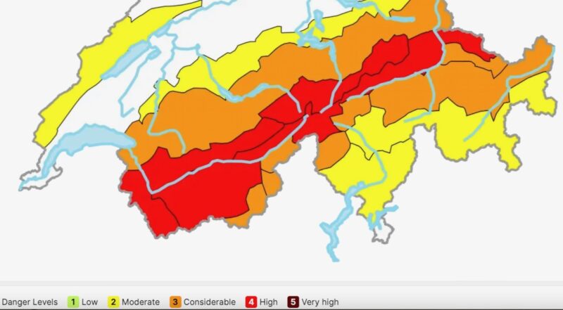 Avalanche danger in Switzerland, Saturday 10th January. Image c/o Swiss Avalanche Institute. 