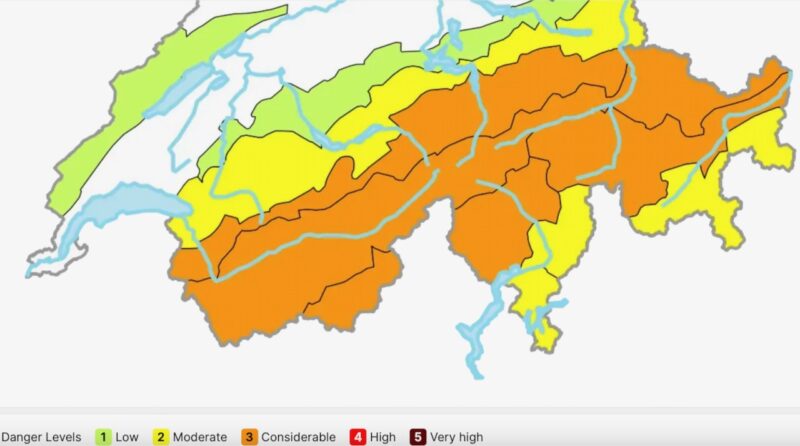 Avalanche danger in Switzerland for Sunday 18th January. Image c/o Swiss Avalanche Institute.