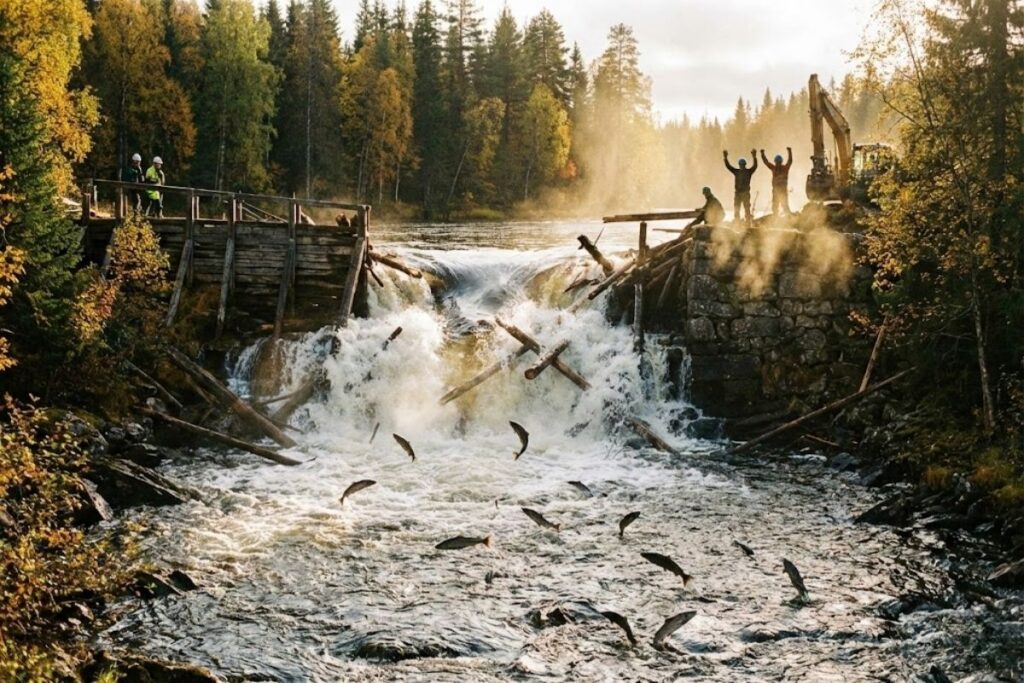 Sweden removes dams in the Nordic taiga, reconnects the Vindel River, promotes dam removal, and restores aquatic biodiversity in 84 km of untouched waterways.