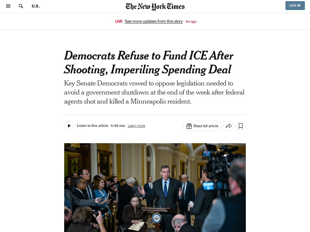 Senate Democrats Vow Not to Fund ICE After Shooting, Imperiling Spending Deal