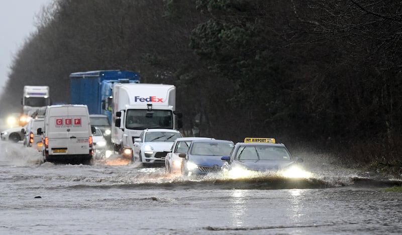 Motorists contend with heavy flooding near Belfast International airport on Tuesday in Antrim, Northern Ireland.
Photograph: Charles McQuillan/Getty Images