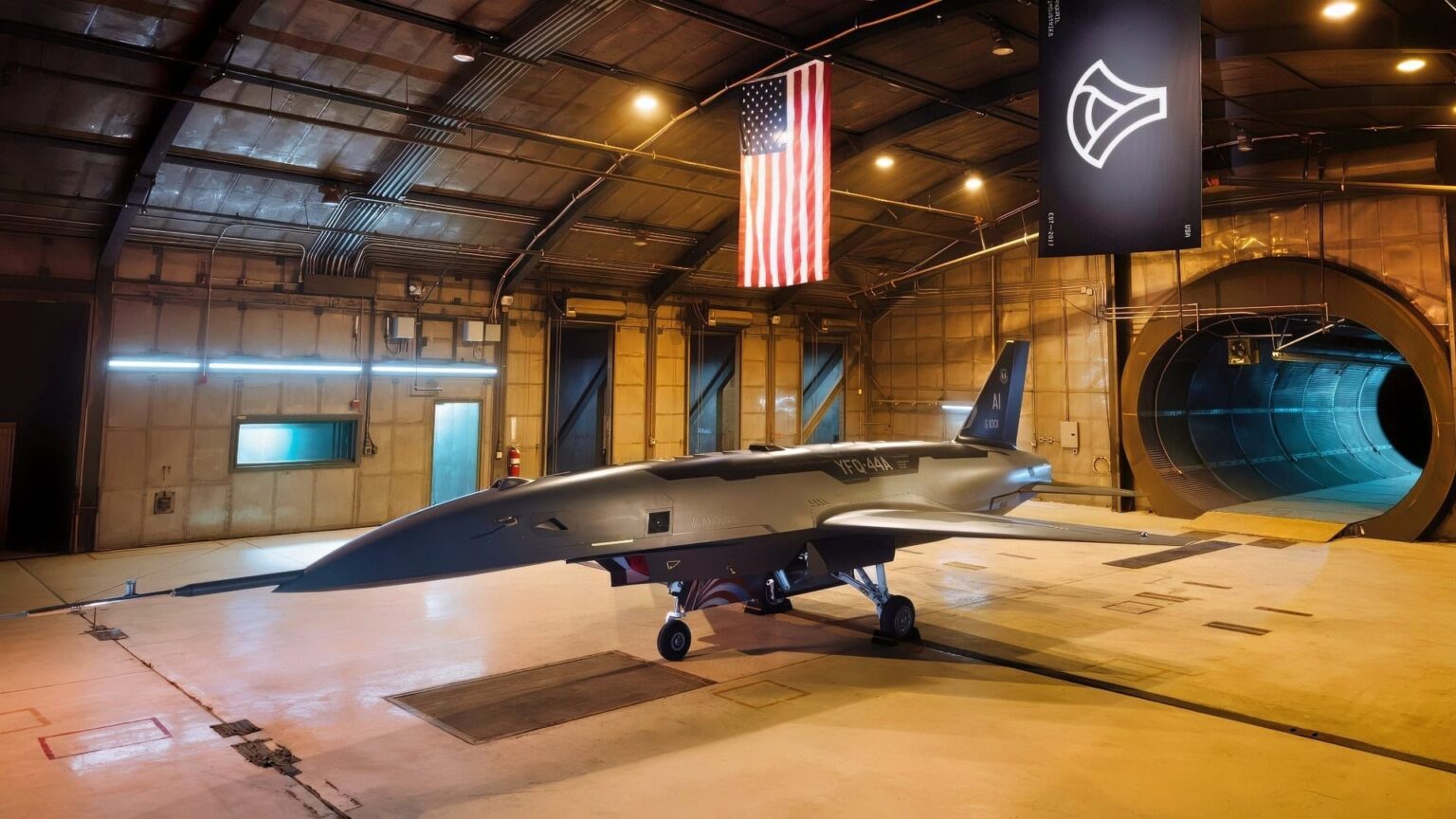 A YFQ-44A production representative test vehicle is staged in a testing chamber at Costa Mesa, Calif. The YFQ-44A, developed by Anduril, is one of two production representative test vehicles which will be critical in securing air dominance for the Joint Force in future conflicts, leveraging autonomous capabilities and crewed-uncrewed teaming to defeat enemy threats in contested environments. (Courtesy photo)