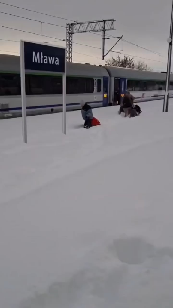 The railway station in Mława after a local snowstorm