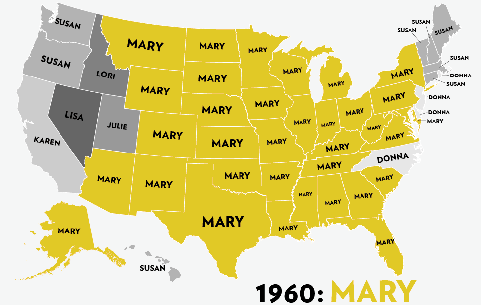 Most popular girl name by state from 1960-2012