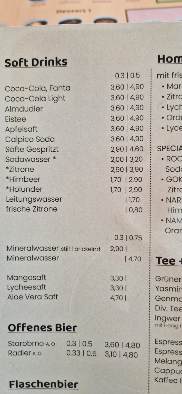 Maximum prices for tap water in restaurants
