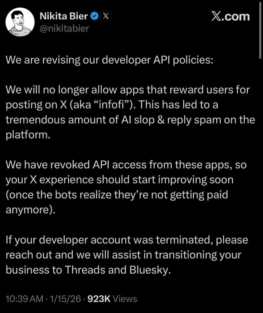 X removes API access to crypto infofi platforms causing many projects to sunset or pivot