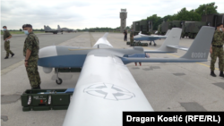 A Chinese CH92-A drone at a Serbian military location seen in this video grab released by the country's armed forces.
