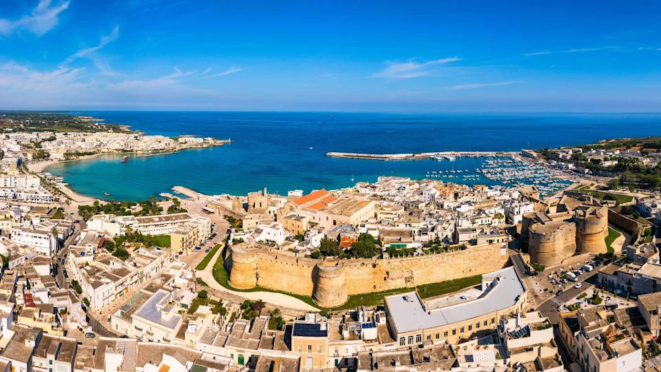 Aerial view of Otranto town on the Salento Peninsula in the south of Italy, Easternmost city in Italy (Apulia) on the coast of the Adriatic Sea. View of Otranto town, Puglia region, Italy.