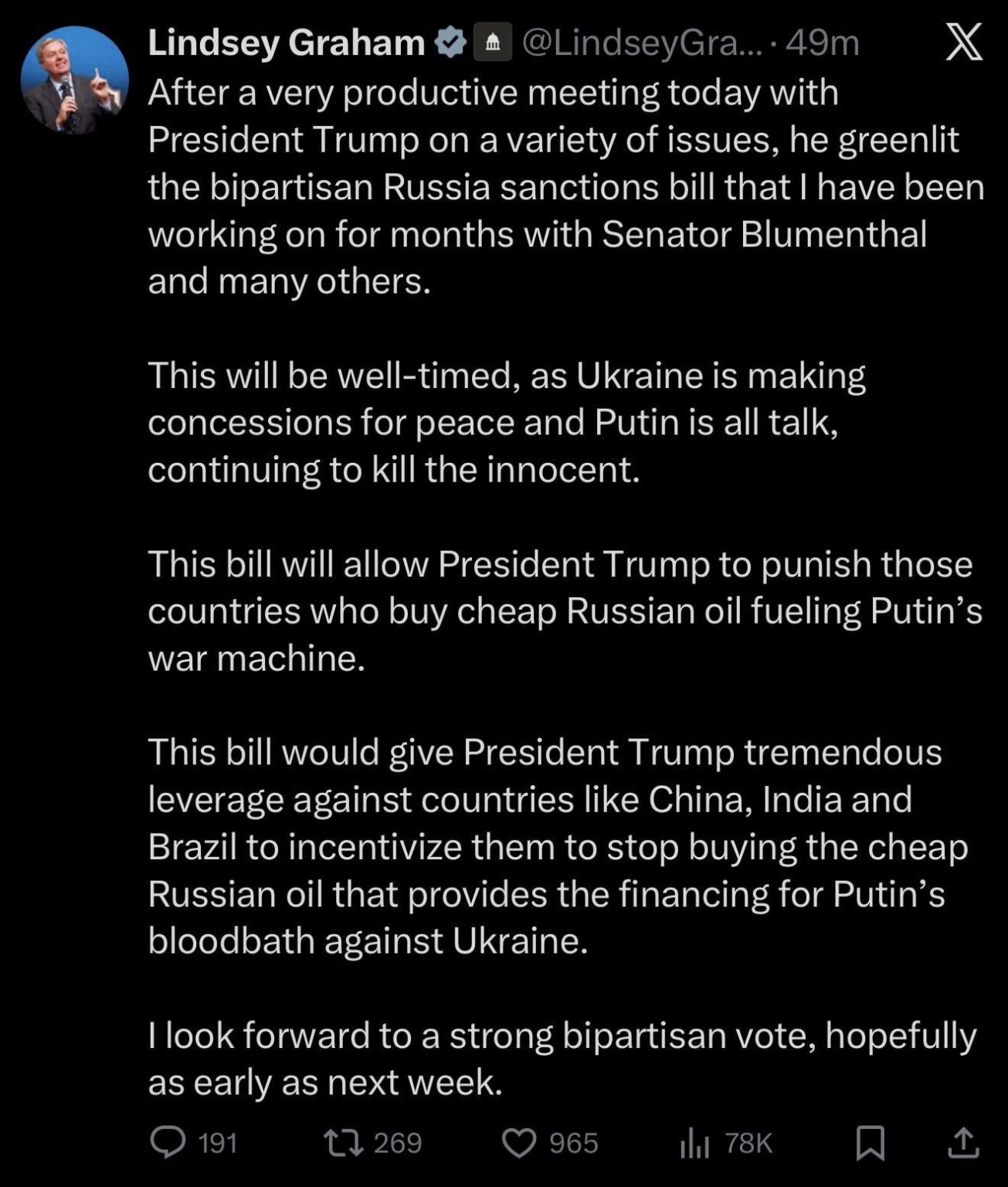 Lindsey Graham’s Sanction bill against Russia has been greenlit by Trump