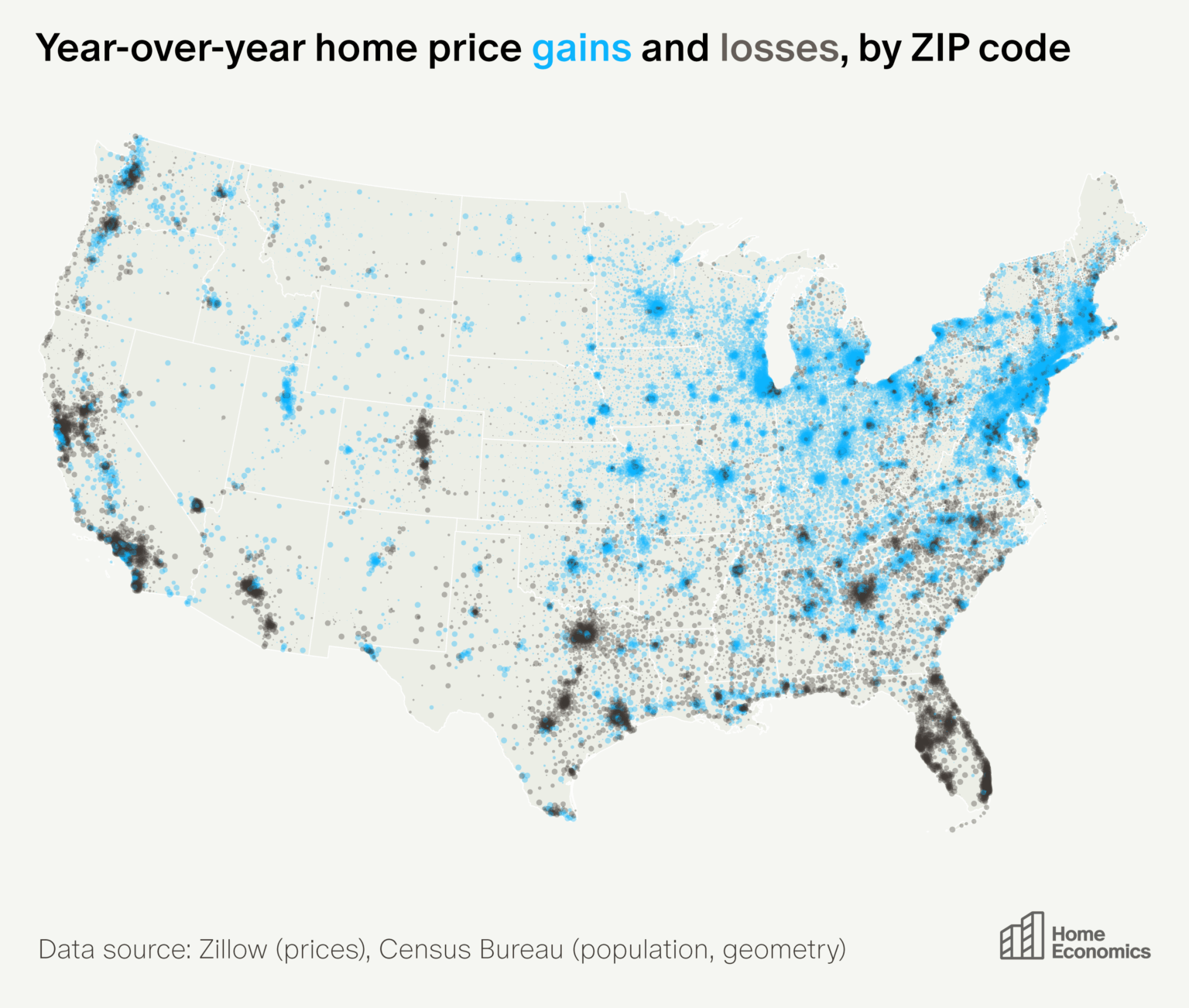 [OC] Home Price Gainers and Losers, by ZIP, in 2025