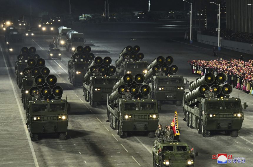 This photo provided by the North Korean government shows a military parade marking the ruling party congress, at Kim Il Sung Square in Pyongyang, North Korea, on January 14, 2021.