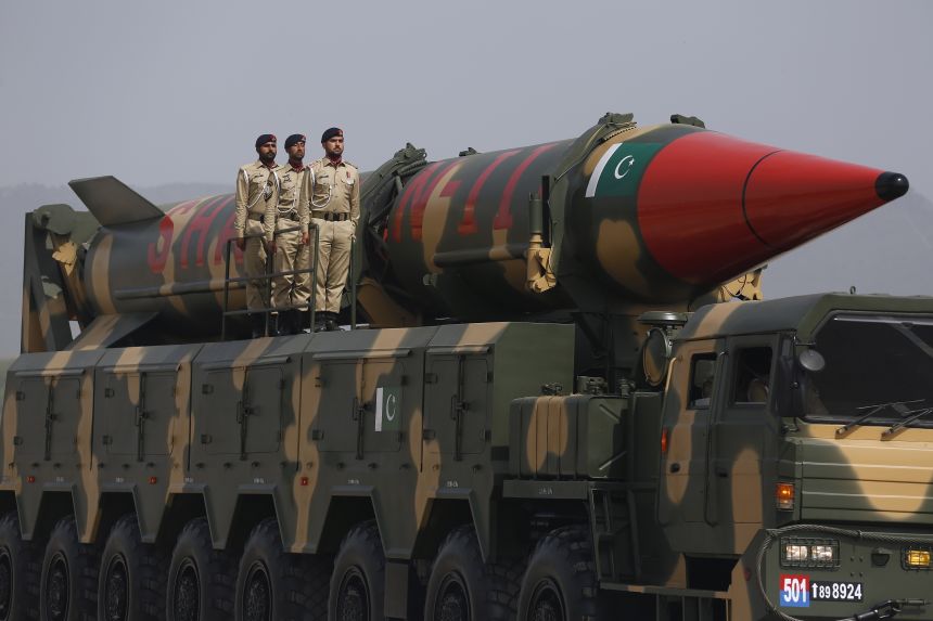 A Pakistani-made Shaheen-III missile, capable of carrying nuclear warheads, displayed during a military parade to mark Pakistan National Day in Islamabad, Pakistan, on March 23, 2022.