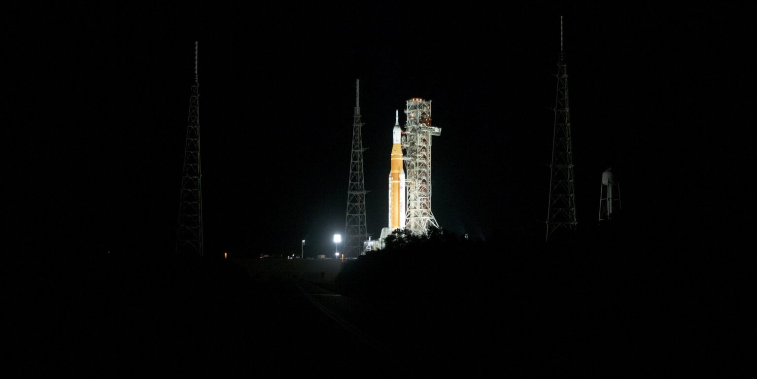NASA’s Space Launch System (SLS) rocket and Orion spacecraft, secured to the mobile launcher, are seen at Launch Pad 39B, Sunday, Jan. 18, 2026, at NASA’s Kennedy Space Center in Florida.