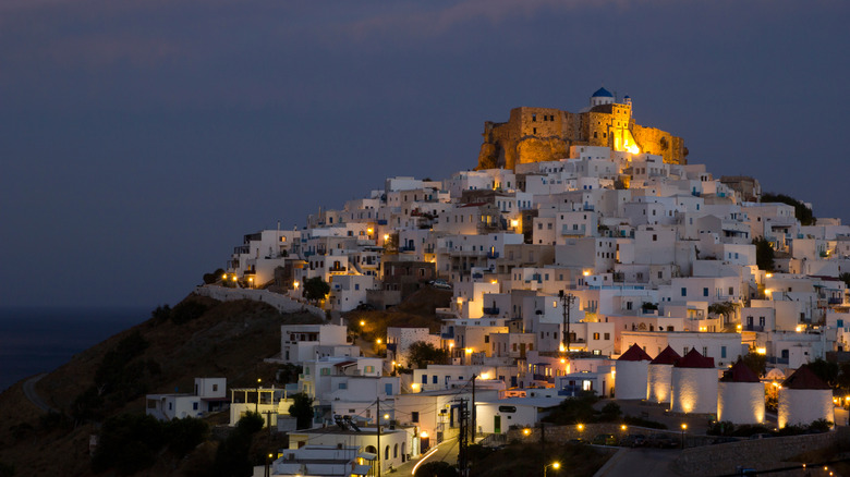 Querini castle at night in Astypalaia, Greece