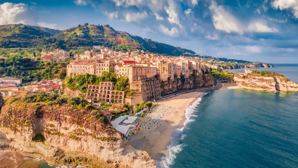 Marvelous morning cityscape of Tropea town, Italy, Europe. Stunning summer scene of east coast of Calabria. Attractive seascape of Mediterranean sea. Vacation concept background.