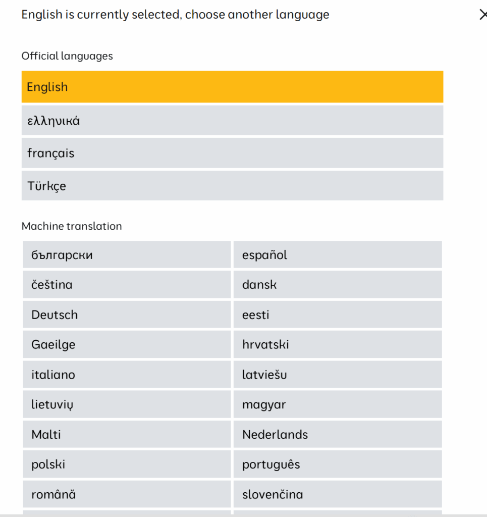 Cyprus EU presidency website includes Turkish as an official language translation alongside Greek, English and French