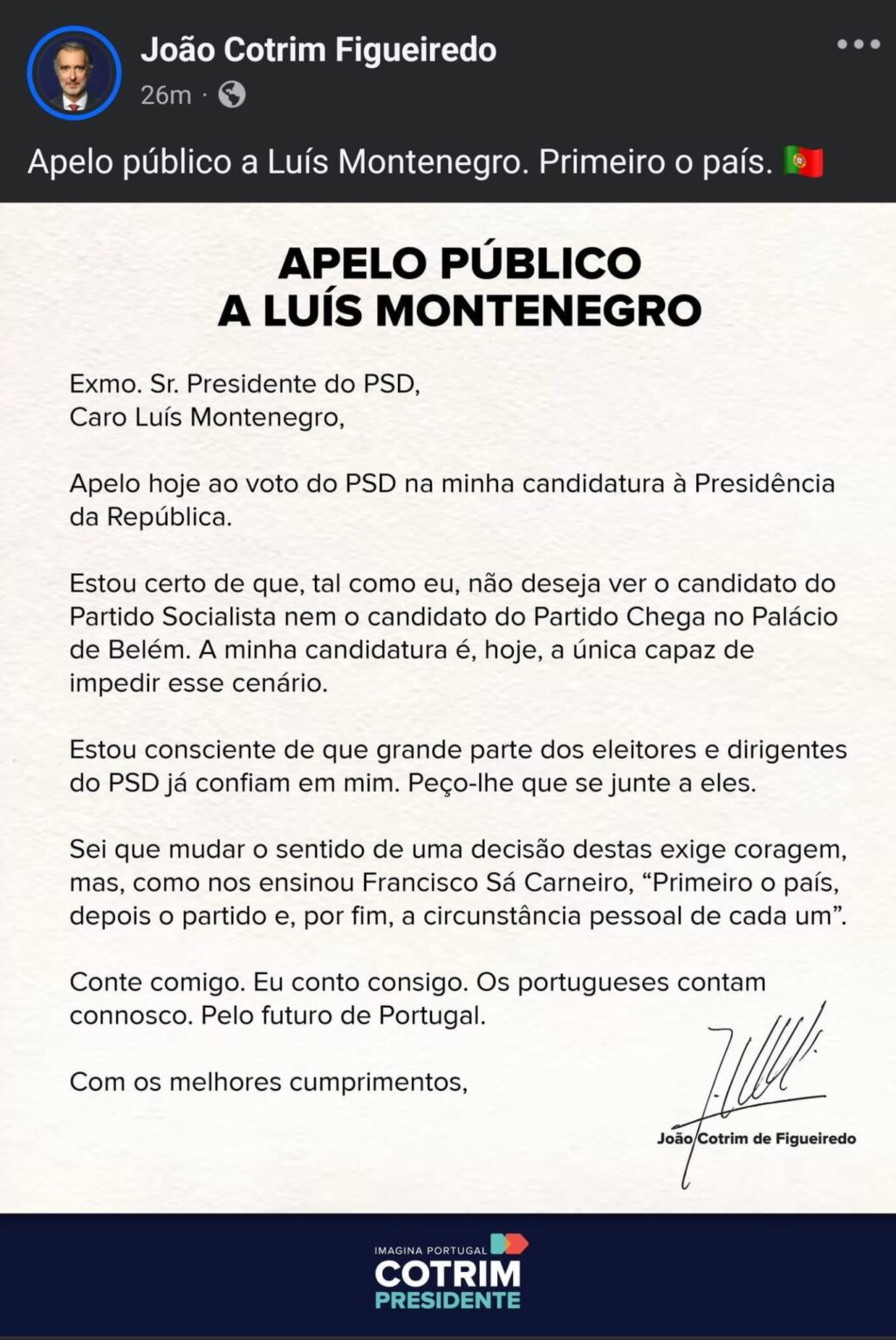 Cotrim asks Luís Montenegro for support on social media