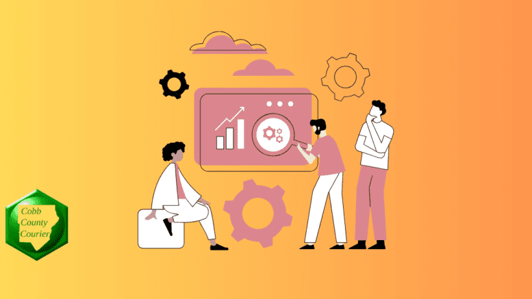New business licenses article posted each week with an image of Three people gathered around a wall-board with various business and industry symbols including gears and charts