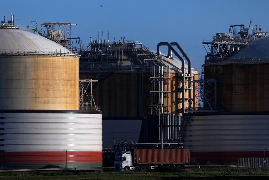 Storage tanks at Grain LNG importation terminal, operated by National Grid Plc, on the Isle of Grain on February 6, 2025, in Grain, England.