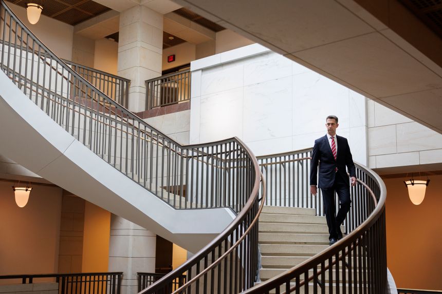 Sen. Tom Cotton walks towards a closed-door briefing on November 5, 2025 on Capitol Hill in Washington, DC.