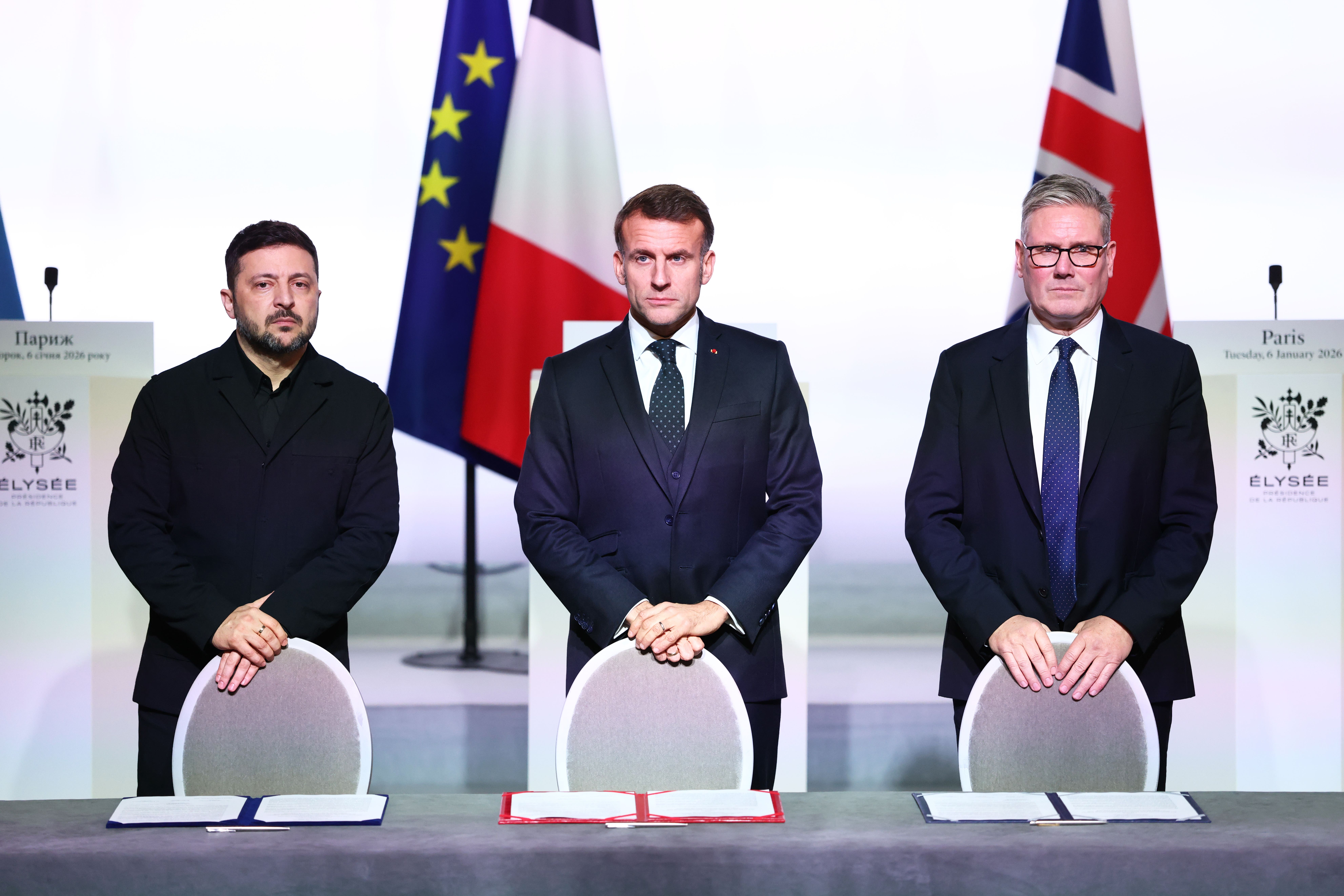 Volodymyr Zelensky, Emmanuel Macron and Sir Keir Starmer (Tom Nicholson/PA)
