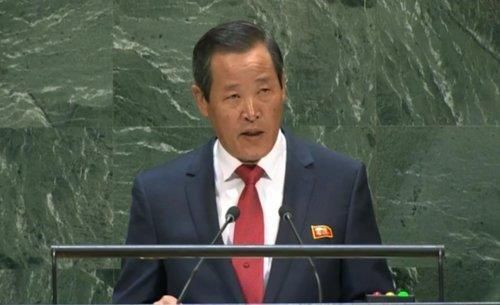 This file image shows Kim Song, North Korea's permanent representative to the United Nations, speaking at a session of the 74th General Assembly, Sept. 30, 2019. Captured from U.N. Web TV 