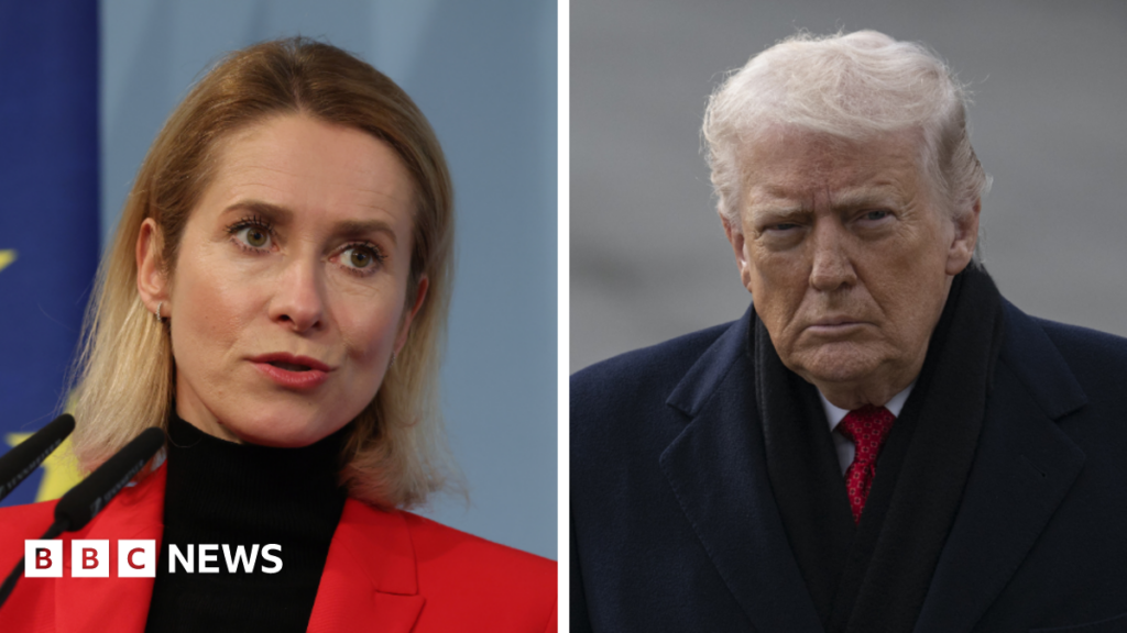 Composit image of Donald Trump and Kaja Kallas. Both are looking towards the camera, Kallas has two microphones in front of her whereas Trump is outside wearing a navy coat and a red tie.