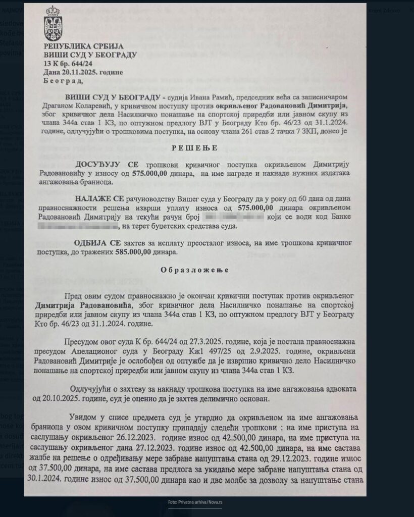 One of the verdicts of the court against the detained protester who was accused of violent behavior at the rally - he was acquitted and the state paid him 575,000 dinars.