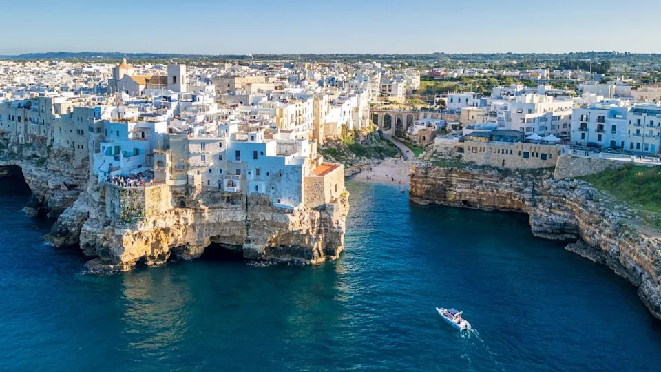 Polignano a Mare Town drone view in Italy
