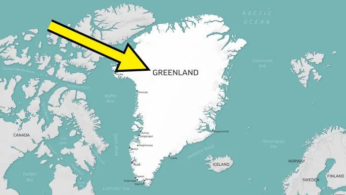 Map showing Greenland, Iceland, and parts of Canada and Europe with an arrow pointing to Greenland