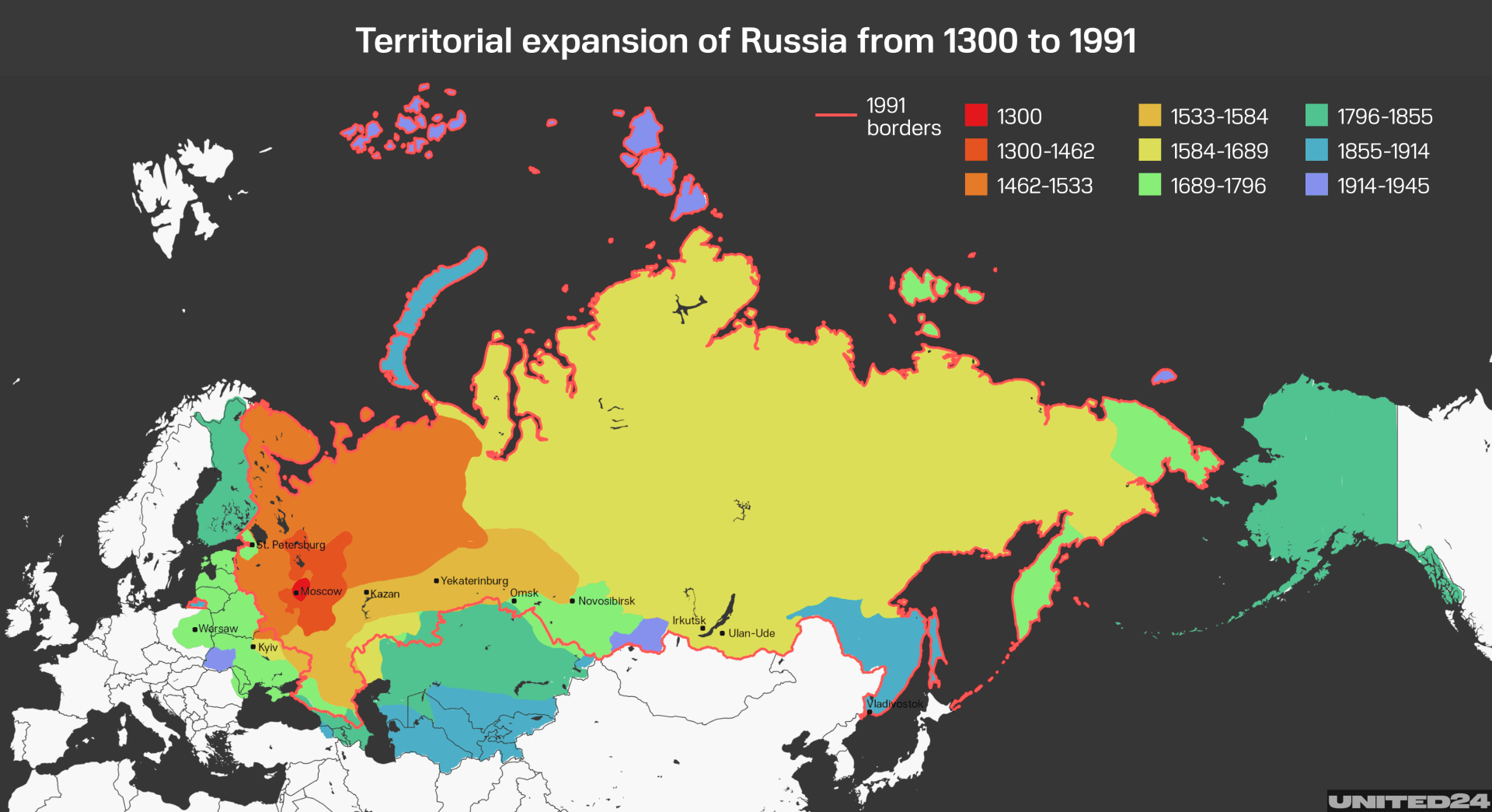 Russia’s territorial expansion: A map showing how the Russian state expanded through conquest and colonization over six centuries, incorporating diverse lands and peoples across Eurasia. Illustration: UNITED24 Media Russia’s territorial expansion: A map showing how the Russian state expanded through conquest and colonization over six centuries, incorporating diverse lands and peoples across Eurasia. Illustration: UNITED24 Media
