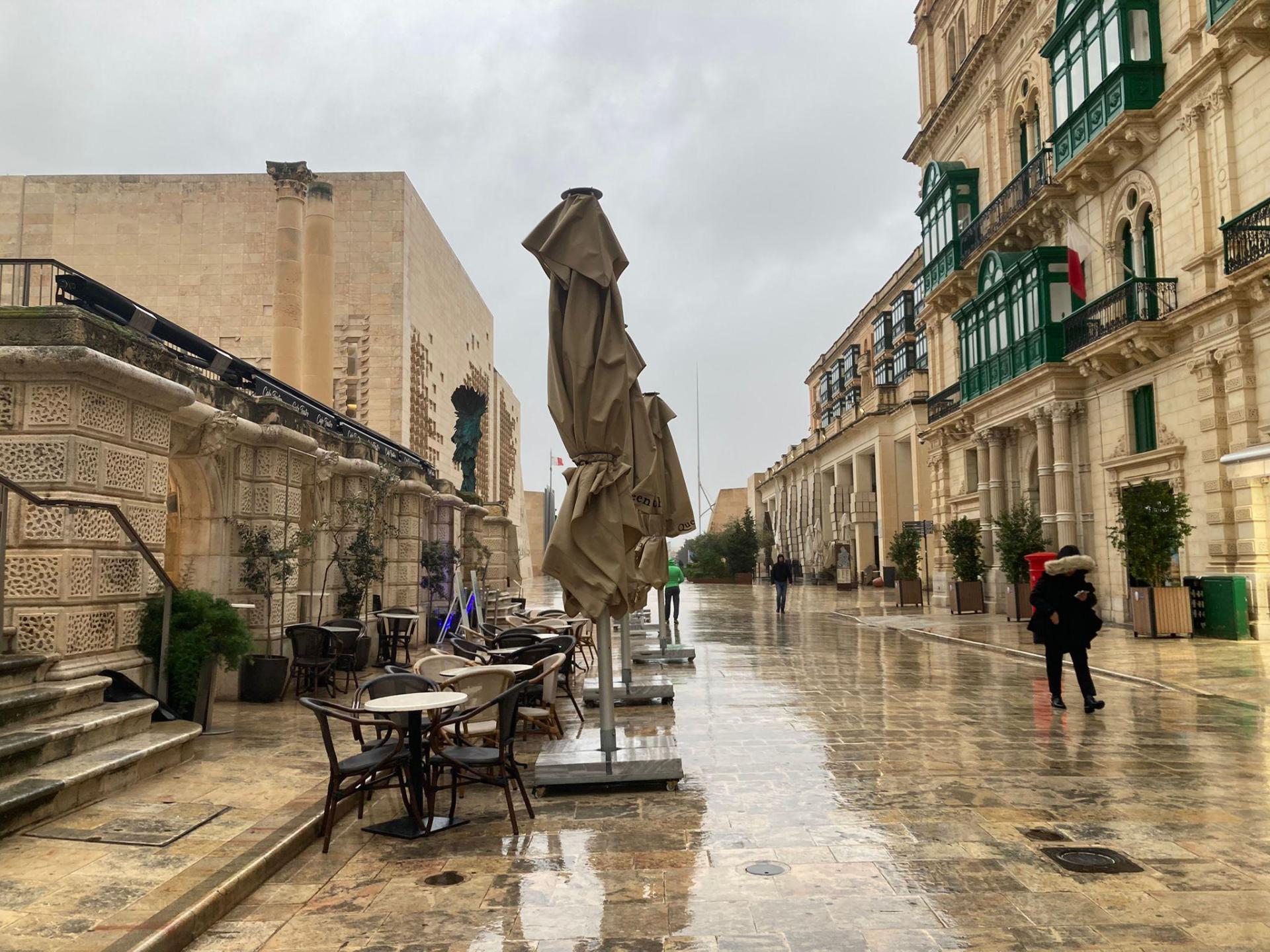 A deserted Republic Street in Valletta on Tuesday morning as people were advised to stay indoors unless necessary. Photo: Monique Agius