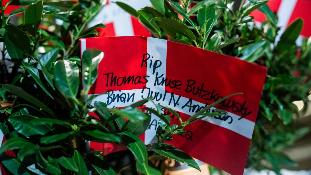 COPENHAGEN, DENMARK - JANUARY 28: A growing number of Danish flags are placed in front of the US Embassy, some with names of fallen soldiers or soldiers who returned after serving with American troops in Afghanistan and Iraq, on January 28, 2026 in Copenhagen, Denmark. Earlier this week security staff from the US Embassy in Copenhagen removed Danish flags inscribed with the names of 44 NATO soldiers from Denmark who were killed in Afghanistan. Activists planted the flags in flower beds outside the embassy in response to US President Donald Trump's recent remarks that NATO troops in Afghanistan "stayed a little back, a little off the front lines." Critics have called the removal of the flags disrespectful, at a time when diplomatic relations between the US and Denmark are already strained over Trump's interest in acquiring Greenland. The embassy has since back-tracked, allowing new flags to be installed, and said the previous removal was due to staff following a standard policy. (Photo by Martin Sylvest Andersen/Getty Images)