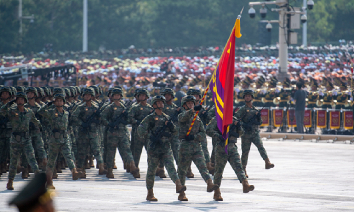 A formation from the Chinese People’s Liberation Army (PLA) Information Support Force marches past the Tiananmen Square in Beijing during China’s V-Day military parade on September 3, 2025. Photo: VCG