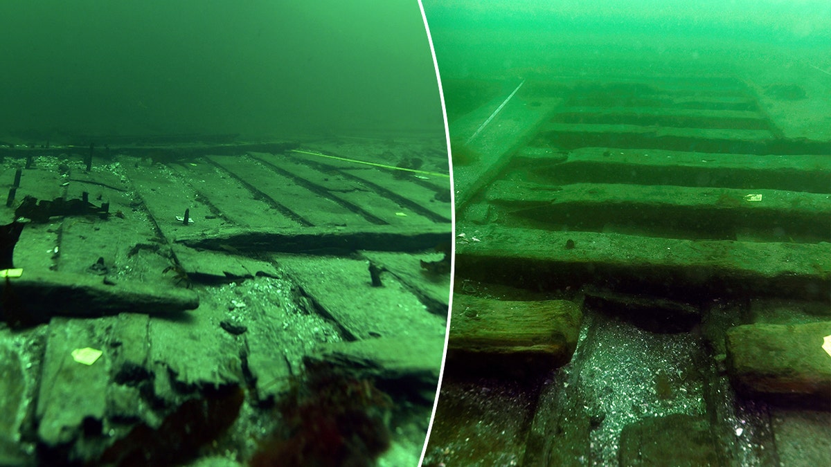 Split image of timber on medieval cog ship