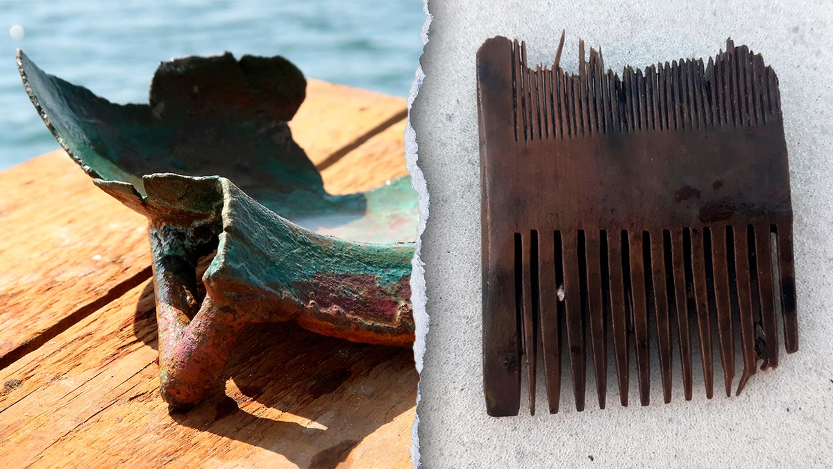 Part of brick galley, wooden comb from ship