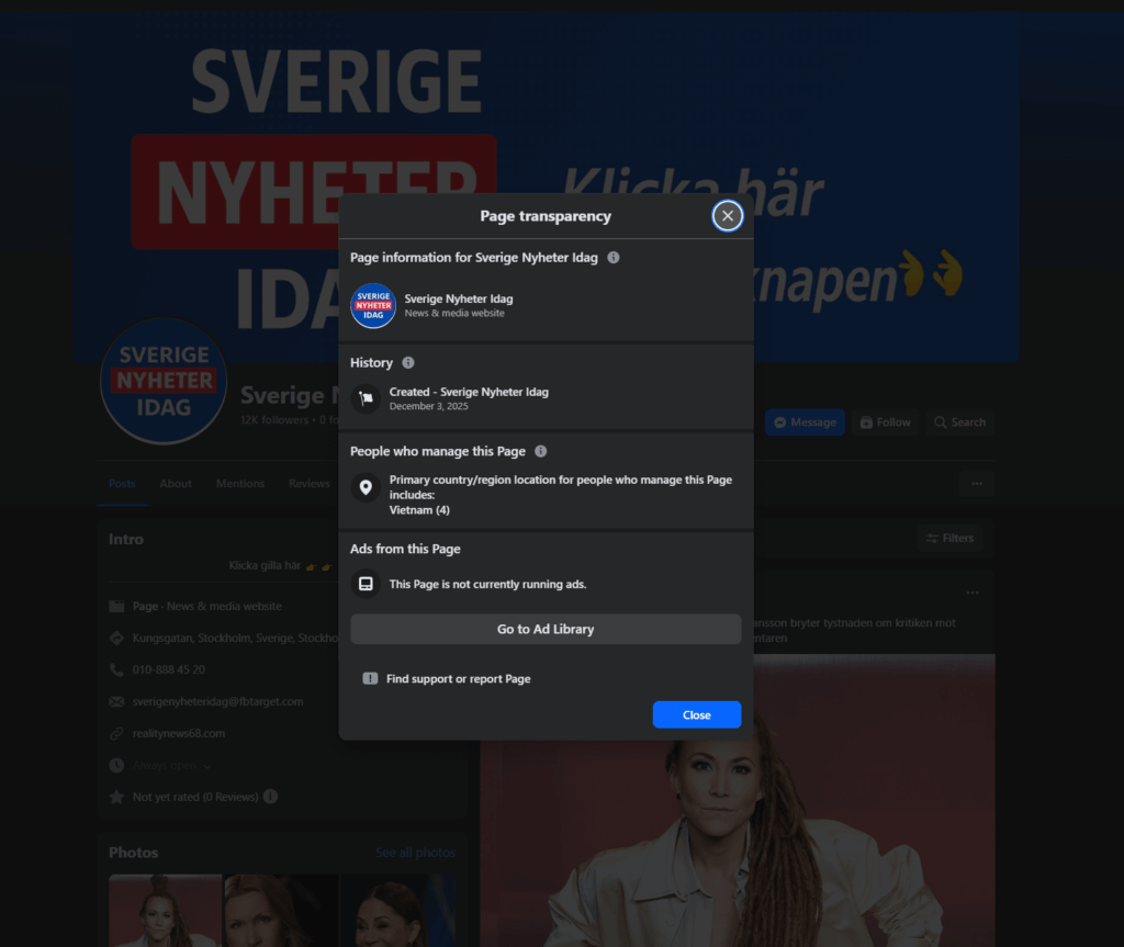 Facebook page created on December 3rd with Vietnamese owner and 12k followers