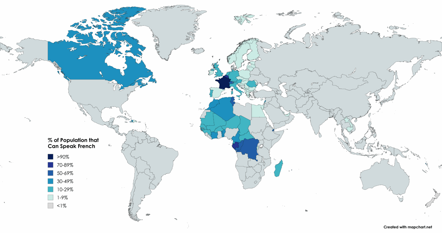 Percentage of Population that Can Speak French in Each Country [OC]