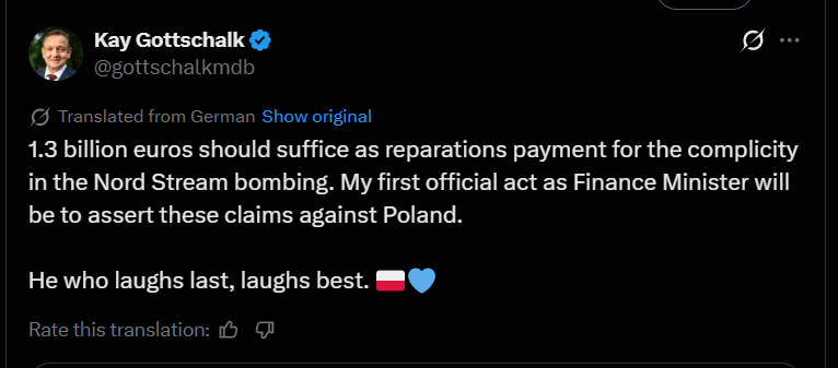 An important figure of the most pro-Polish party abroad demands "reparations" for Nordstream 2.