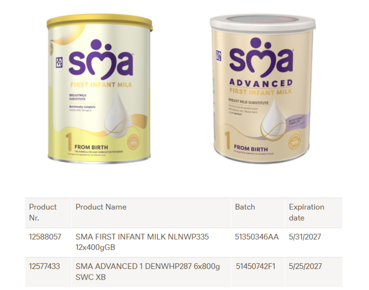 These batch numbers of these two SMA products shown should not be consumed, Nestlé Malta has advised as a precaution